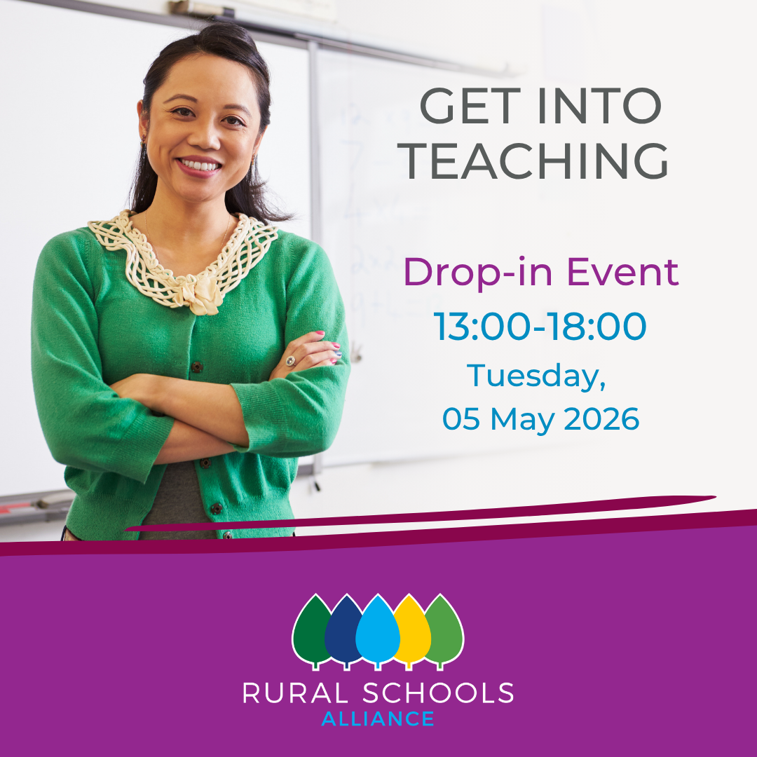 Smiling female teacher in a classroom with arms crossed beside a whiteboard, promoting a “Get Into Teaching” drop-in event with date and time, RSA branding below. All text is in the article.