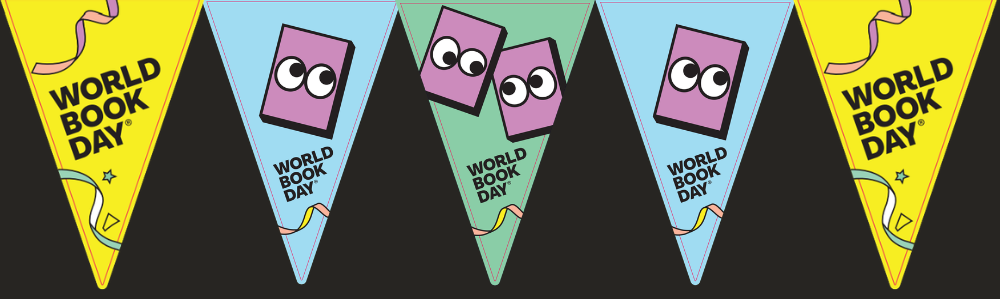 Alt text: A string of triangular bunting flags celebrating World Book Day. The yellow flags at each end read “WORLD BOOK DAY” in bold black letters with small decorative streamers and stars. The centre flags are pastel blue and green, each featuring a purple book character with large cartoon eyes and the words “WORLD BOOK DAY” printed beneath. The bunting is set against a dark background.