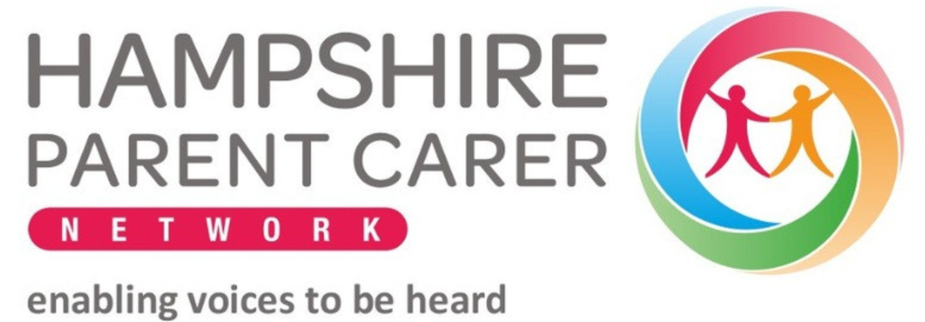 Hampshire Parent Carer Network logo with circular multicolour figures and text “enabling voices to be heard”.