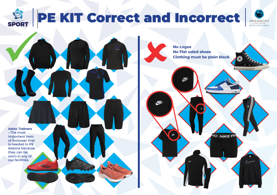 Image shows the PE dos and don'ts. The only logo on clothing should be the Swanmore College one. Any item of PE kit should otherwise be plain and black.