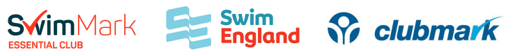 Row of SwimMark, Swim England and Clubmark logos in blue and orange on a white background