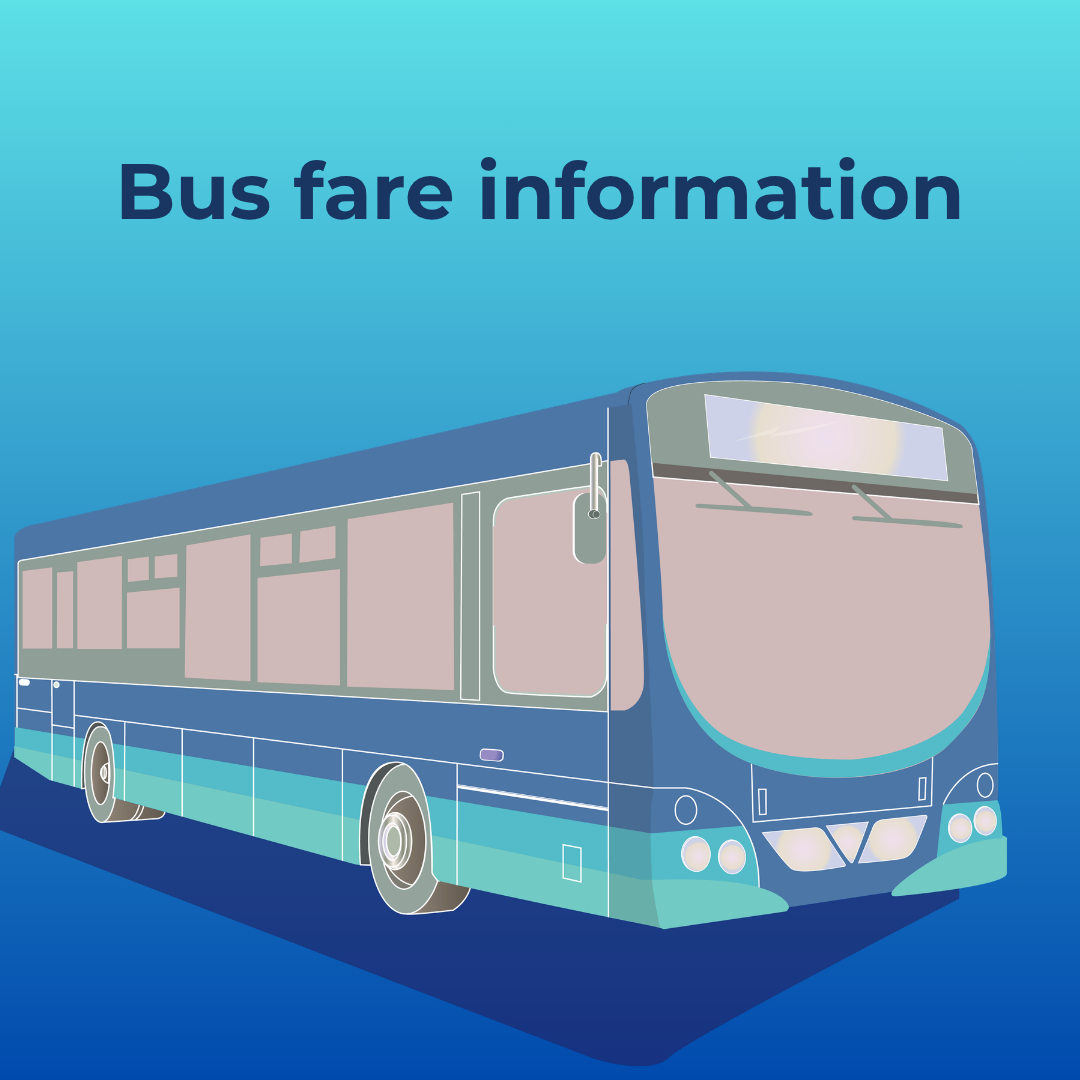 A graphic titled "Bus fare information" set against a blue gradient background, featuring an illustration of a single-deck blue bus.