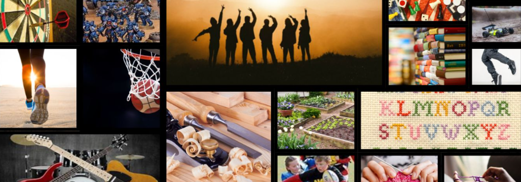 Collage banner showing a range of enrichment activities including sport, music, gardening, woodwork, crafts, books and outdoor activities, with silhouettes of pupils celebrating in the centre.