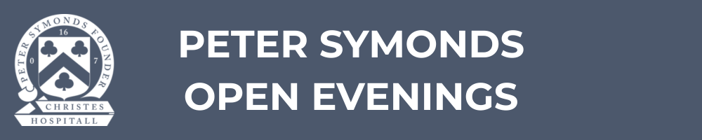 Banner reading “Peter Symonds Open Evenings” with college crest on a dark background.