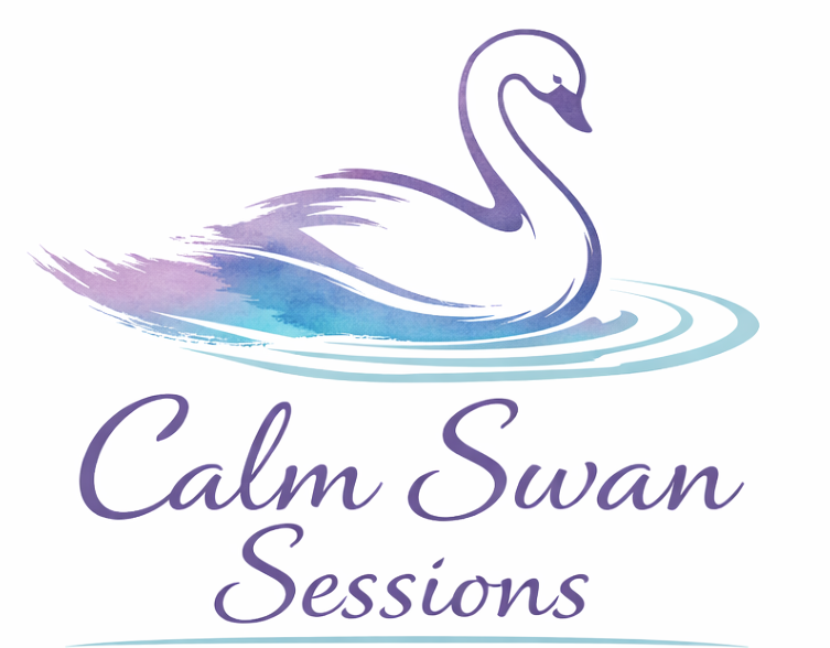 Illustrated swan in soft purple and blue watercolour style above the words “Calm Swan Sessions” in purple script font.