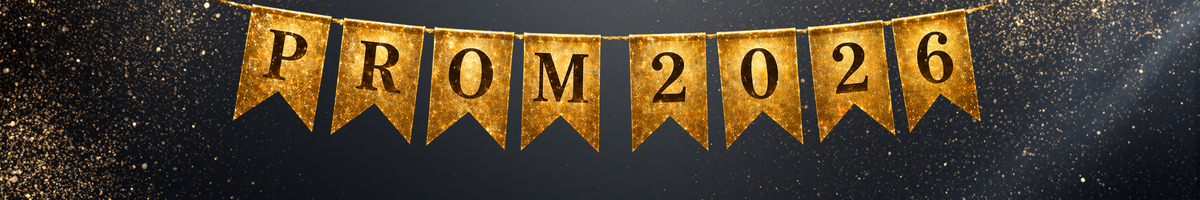 Gold glitter bunting spelling “PROM 2026” against a dark background with soft golden sparkles, styled like an elegant celebration banner.
