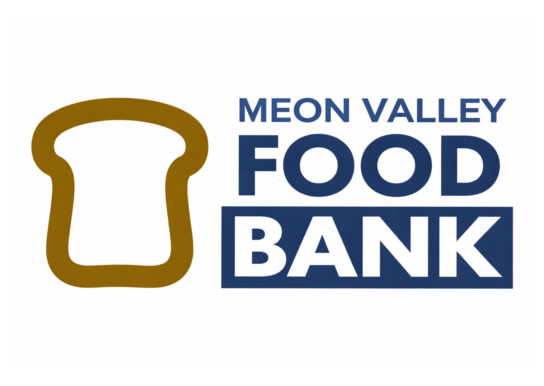 Meon Valley Food Bank logo featuring a stylised loaf of bread icon in gold on the left, with the words “MEON VALLEY FOOD BANK” in dark blue capital letters on a white background.