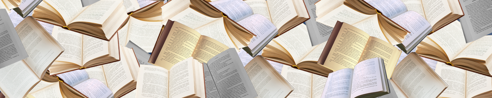 Decorative banner background featuring a pattern of open books scattered across a light background.