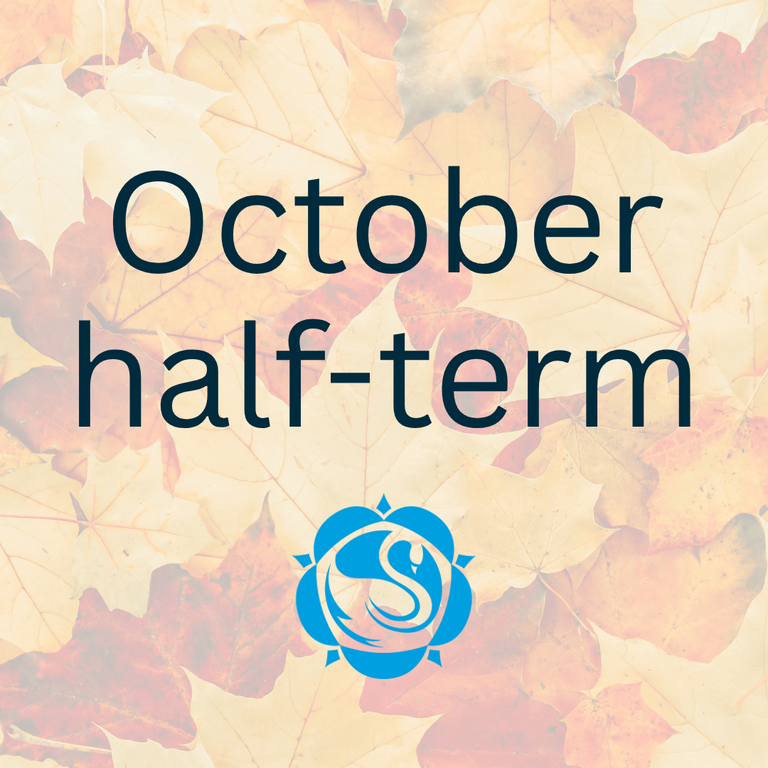 A graphic featuring autumn leaves in the background, titled "October half-term" with the blue Swanmore College swan emblem centered below.