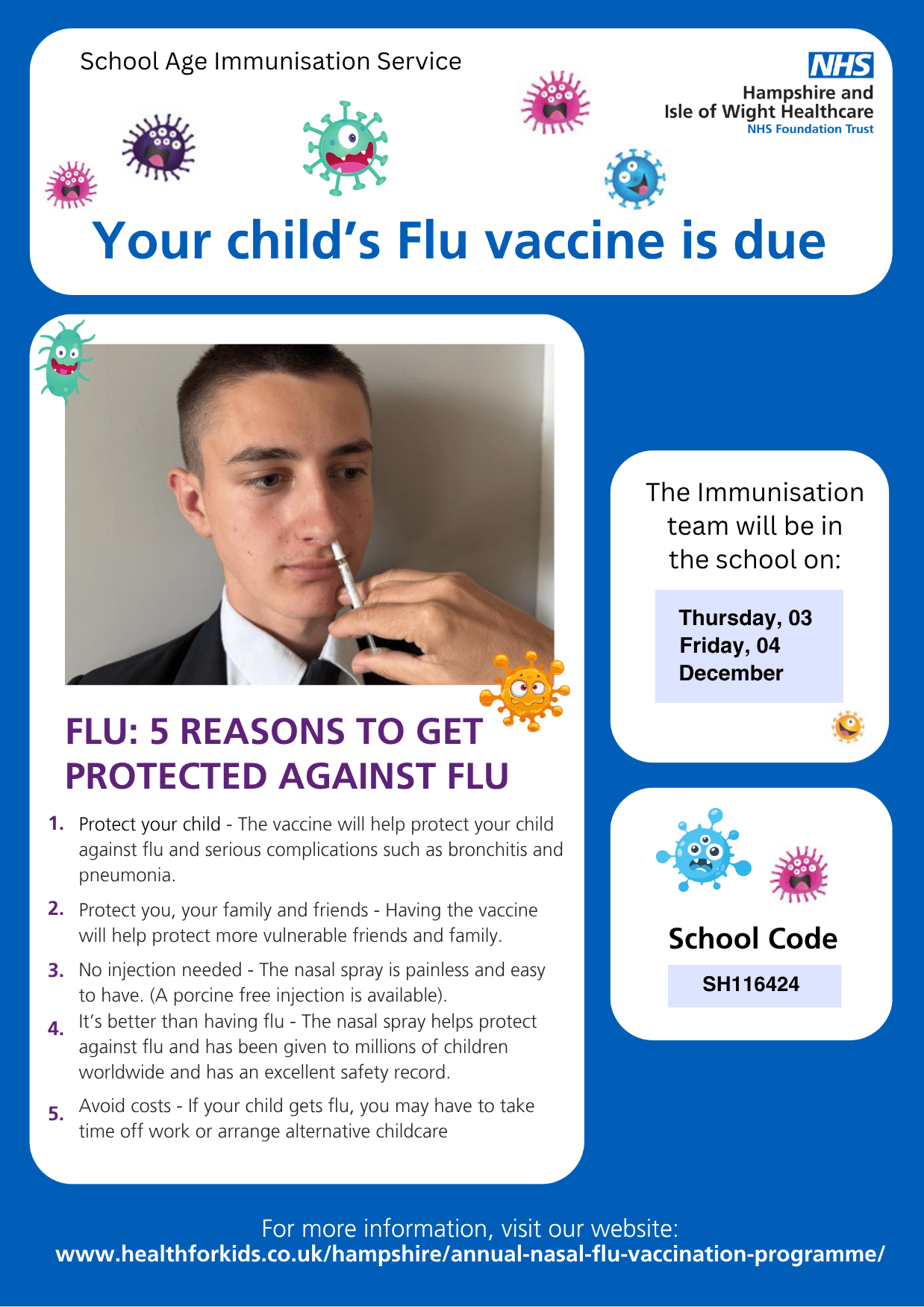 An NHS poster advertising a flu immunisation session with reasons why your child should get the flu jab. All text is available in the main article.