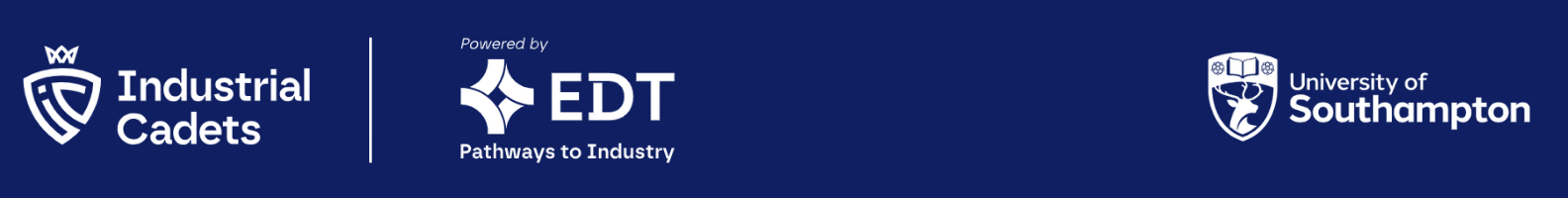 Image shows the logos of Industrial Cadets, EDT (Education Development Trust) Pathways to Industry, and the University of Southampton on a dark blue background.