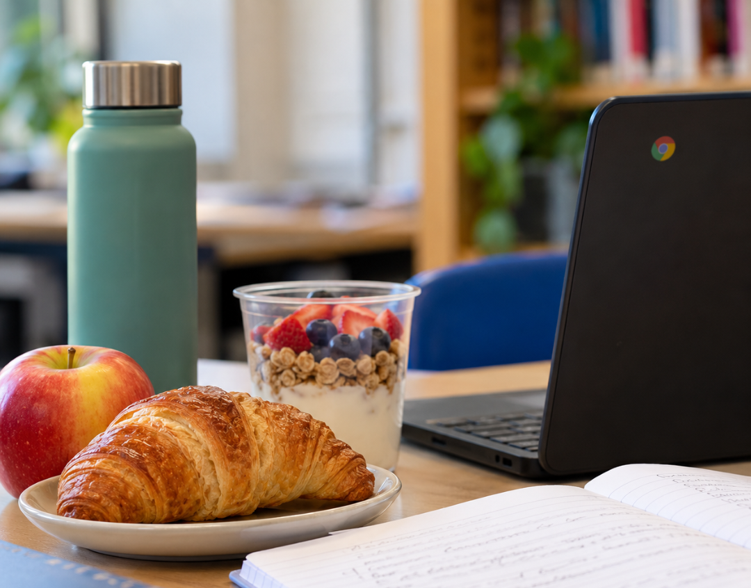 A photograph showing a healthy breakfast spread arranged on a study desk alongside school supplies. In the foreground, a golden-brown croissant sits on a small white plate next to a red apple and an open lined notebook. Behind them is a clear cup containing yogurt, granola, and fresh berries, accompanied by a light blue insulated water bottle and an open Chromebook laptop facing away from the viewer.