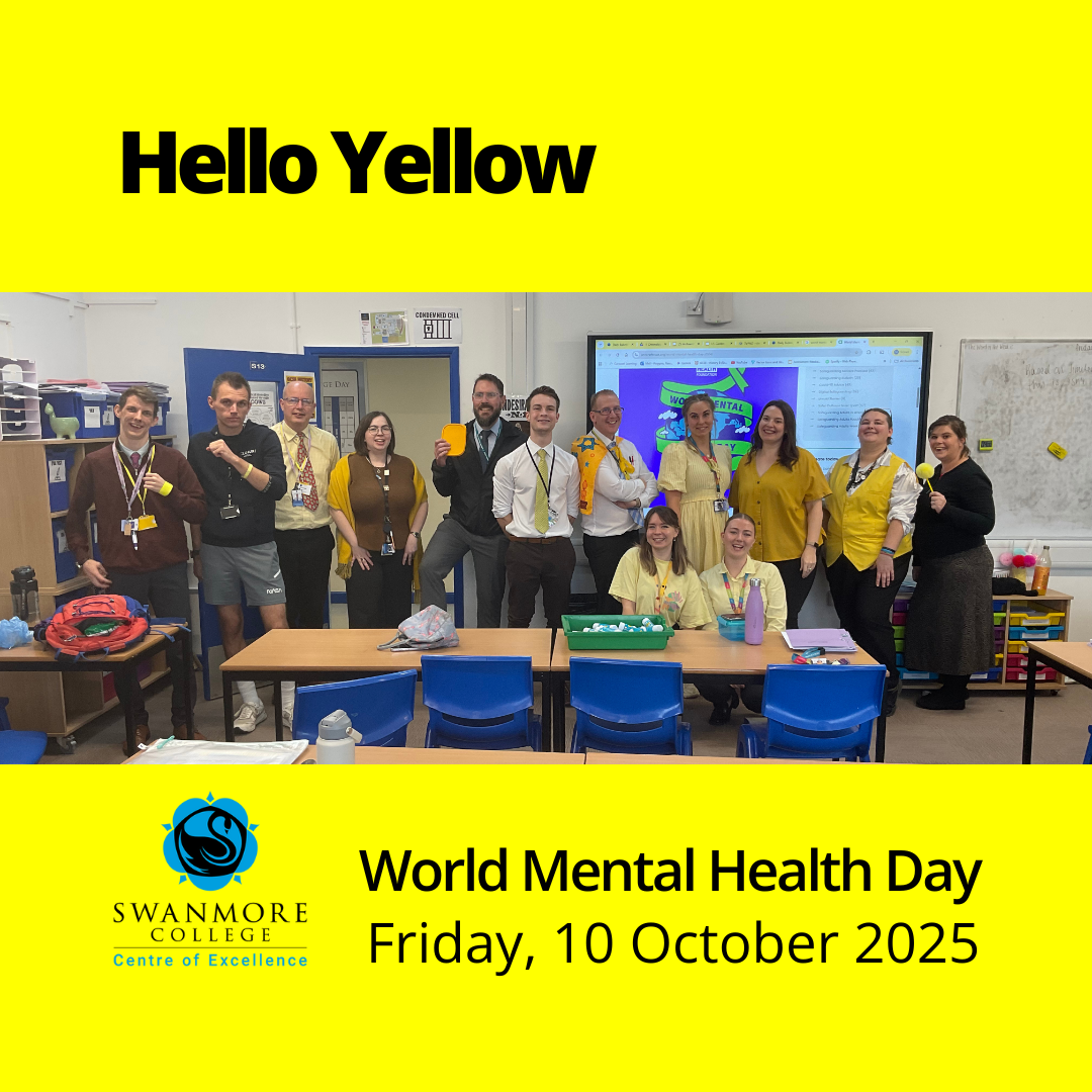 Image shows staff dressed in yellow with the words Hello yellow, World Mental Health Day Friday, 10 October 2025
