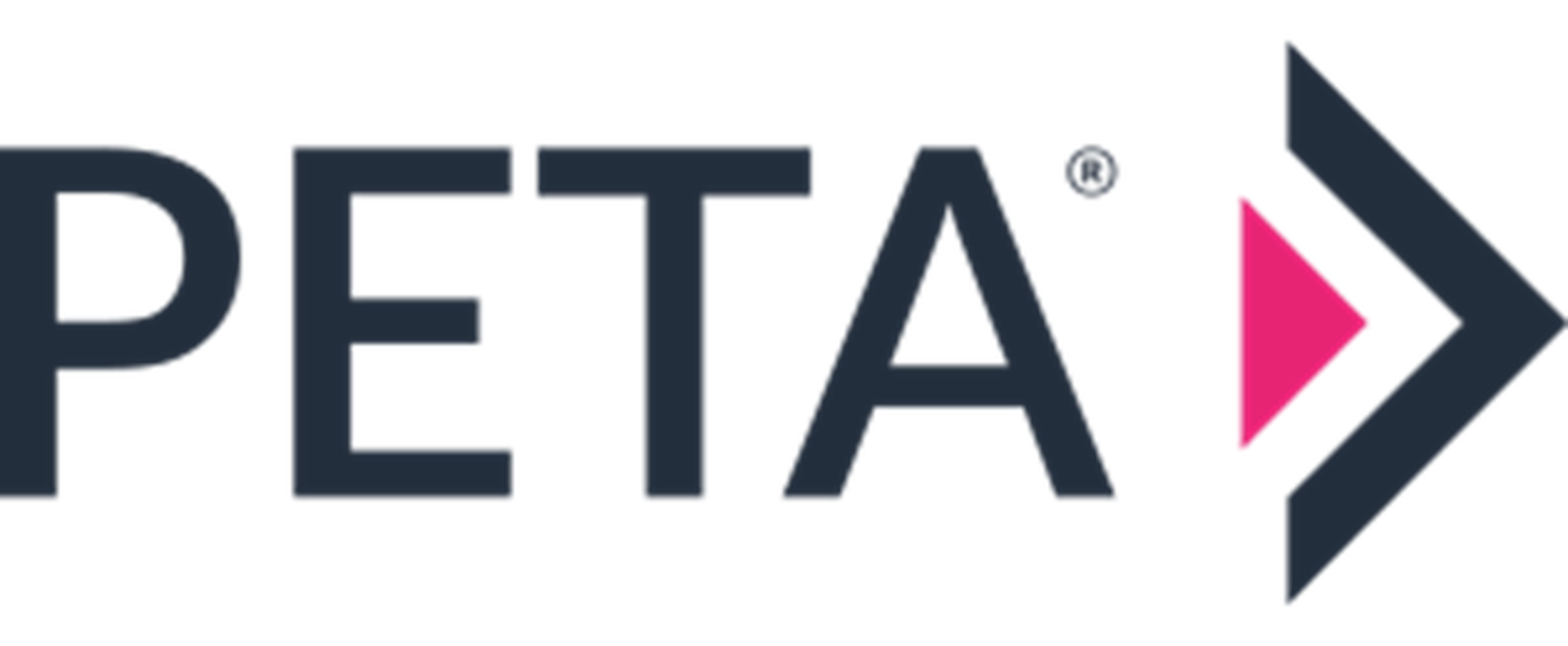PETA logo in dark blue with a pink arrow symbol pointing right.