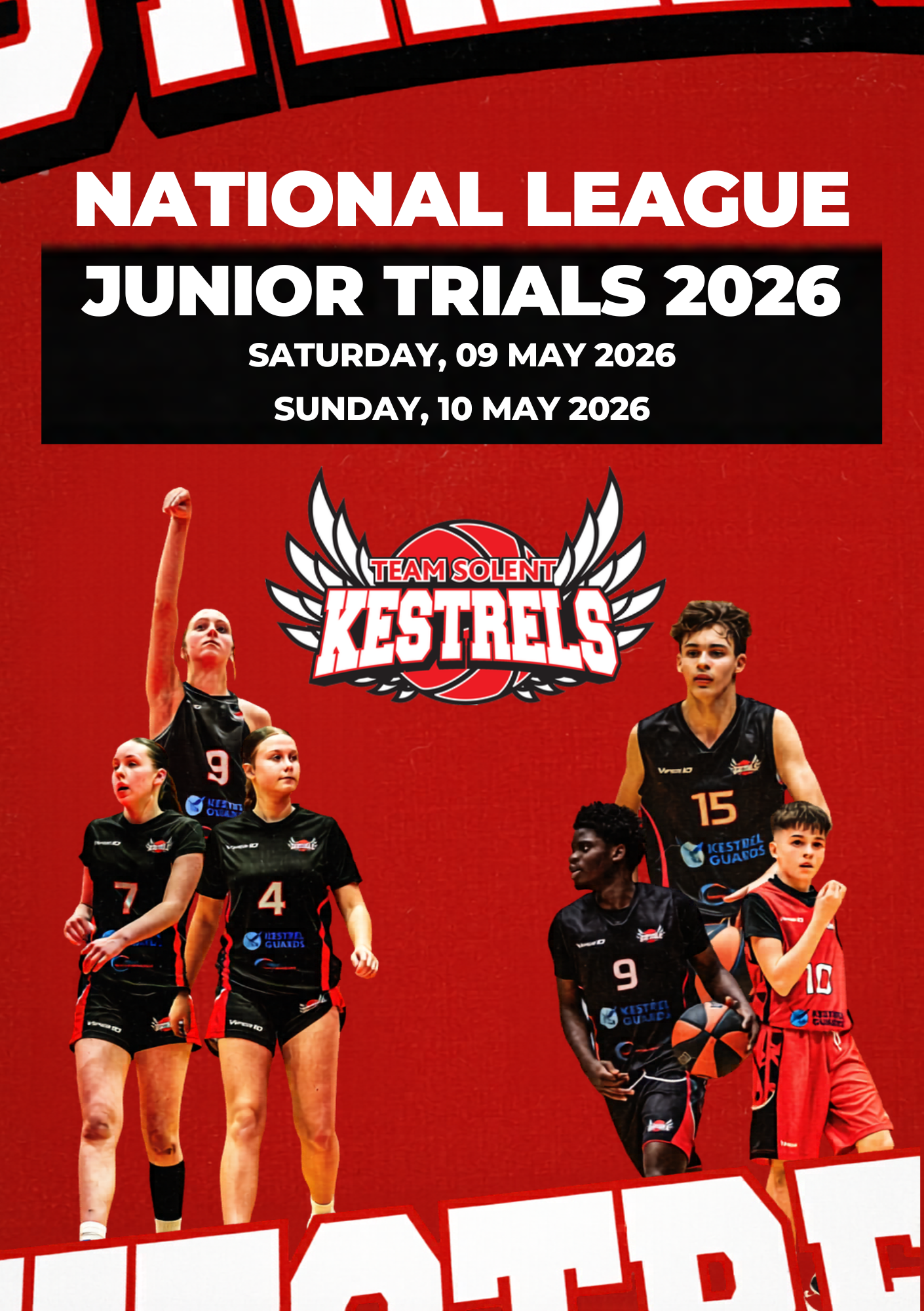 Bold red basketball trials poster with Team Solent Kestrels logo, dates for May 2026, and male and female players in action poses. All text is in the article.