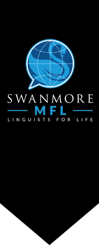Vertical Swanmore College MFL banner featuring the Swanmore MFL logo and the text “Linguists for Life” on a black background with white geometric accents at the bottom.