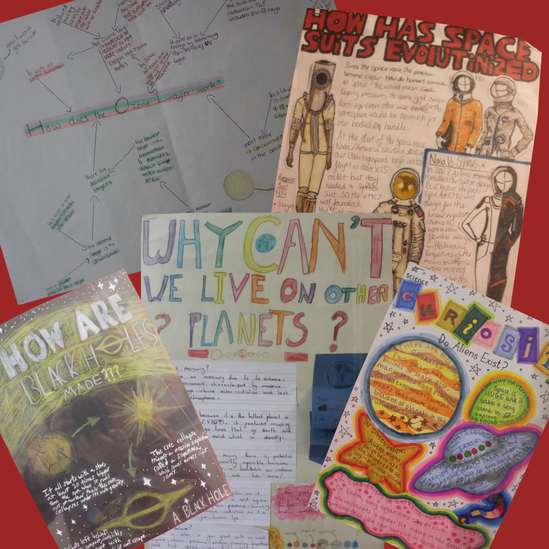Collage of colourful pupil-created British Science Week posters exploring questions about black holes, space suits, aliens, planets and Earth’s atmosphere.