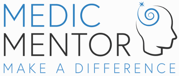 Medic Mentor logo with the words “MEDIC MENTOR” and the tagline “MAKE A DIFFERENCE”, alongside a head outline with a blue spiral and star.