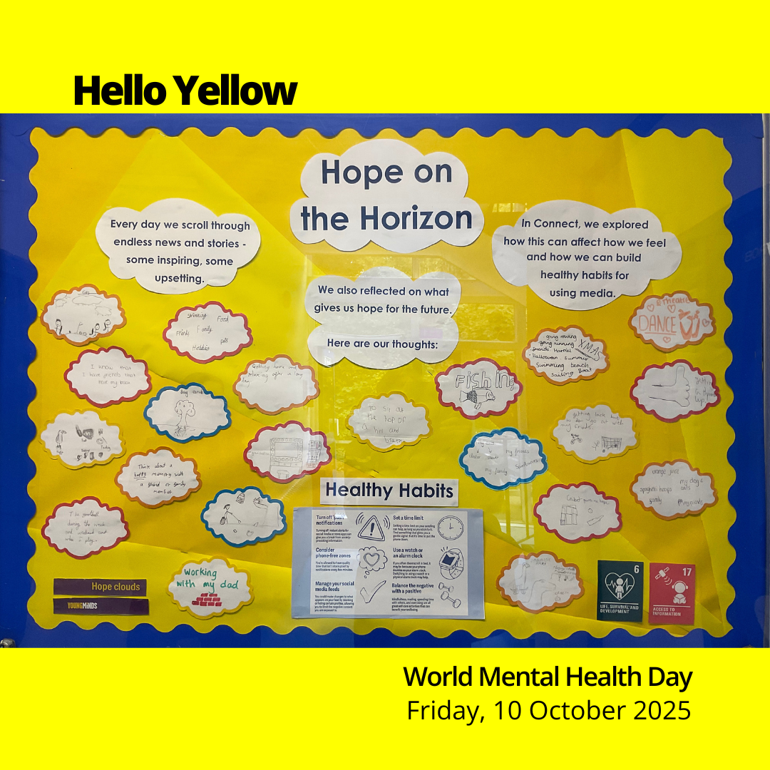 Image shows some of the Hope Clouds on a noticeboard, these were created by pupils in the Connect Session