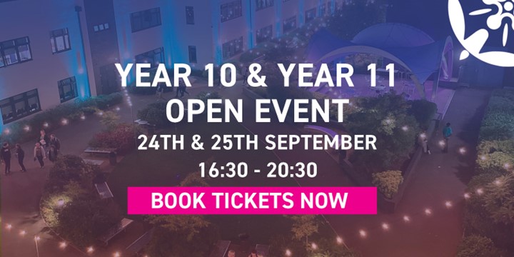 Image shows a Barton Peveril logo and the words Year 10 and Year 11 open events 24 and 25 September 16:30-20:30 Book tickets now