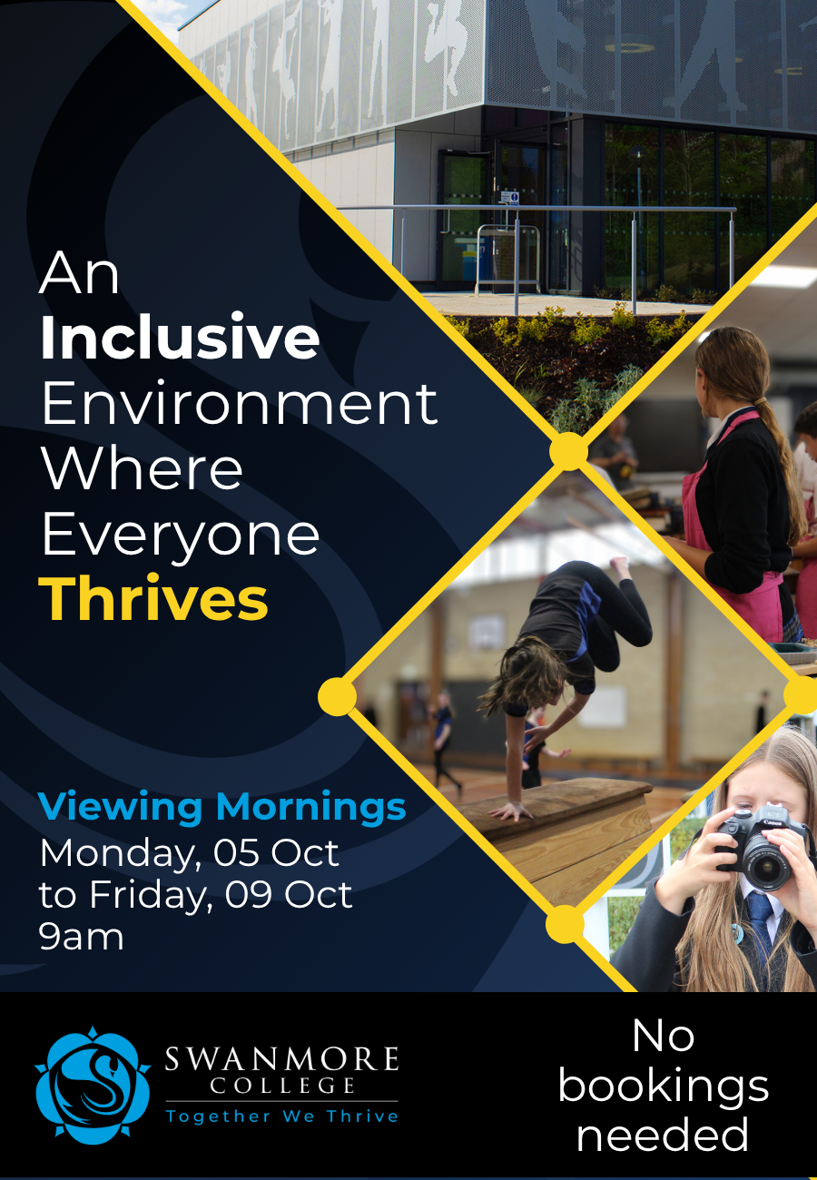 A promotional flyer set against a dark blue and black geometric layout framed with yellow line accents. The left side displays the text "An Inclusive Environment Where Everyone Thrives", followed by event details: "Viewing Mornings Monday, 05 Oct to Friday, 09 Oct 9am". The right side features three diamond-shaped photo cutouts showing a modern campus building, a student performing a gymnastics vault, and a student holding a camera. The bottom banner displays the Swanmore College logo on the left and the text "No bookings needed" on the right.