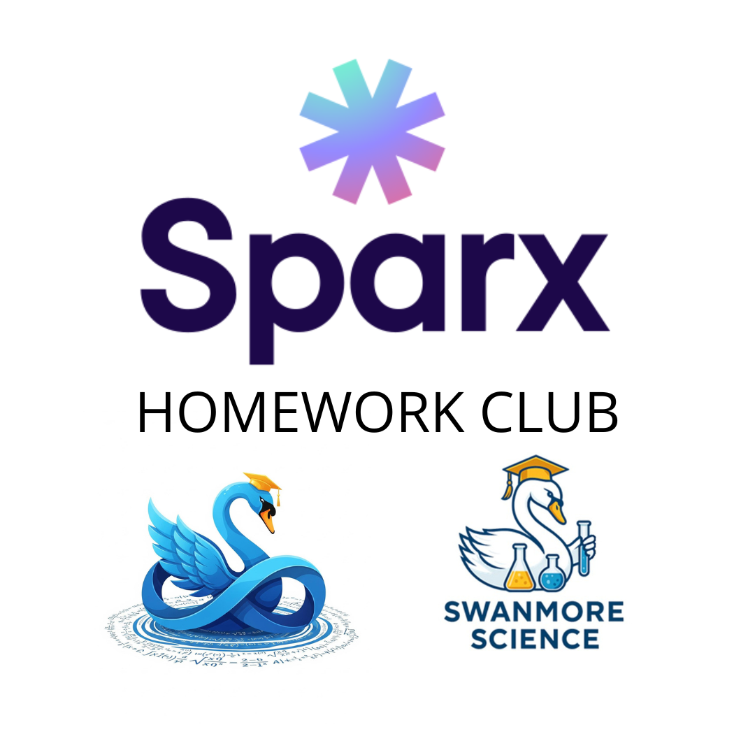 Image shows a white square poster with the Sparx logo at the top and the words “HOMEWORK CLUB” underneath in black capital letters. At the bottom are two illustrations: a blue swan wearing a graduation cap sitting on maths symbols, and a Swanmore Science logo showing a swan in a graduation cap with science beakers.