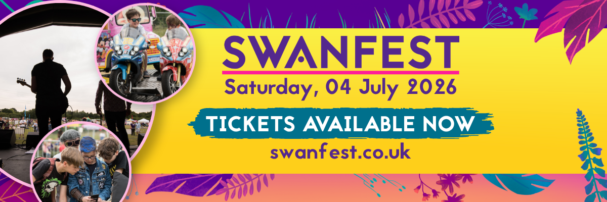 Bright festival-style banner with bold yellow and purple design, circular photos of performers and pupils, and text promoting SwanFest 2026 with ticket link.. All text is in the article.