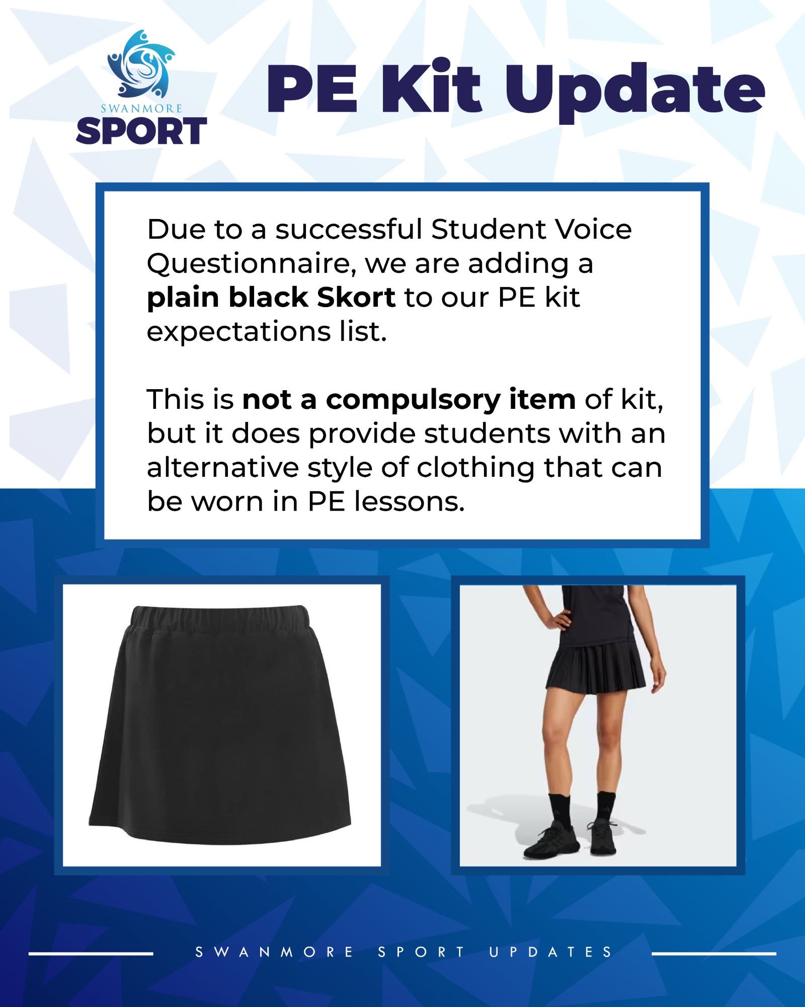 Image shows pictures of a plain black skort being worn along side the text that is in this notice.
