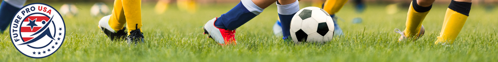 A promotional banner for Future Pro USA. The left-hand side displays the Future Pro USA logo featuring a football, stars and the colours of the United States flag. The main image shows a close-up action shot of several footballers' legs competing for a football on a grass pitch, with brightly coloured football boots and socks visible. The players' upper bodies are cropped out, placing the focus on the ball and the action on the field.