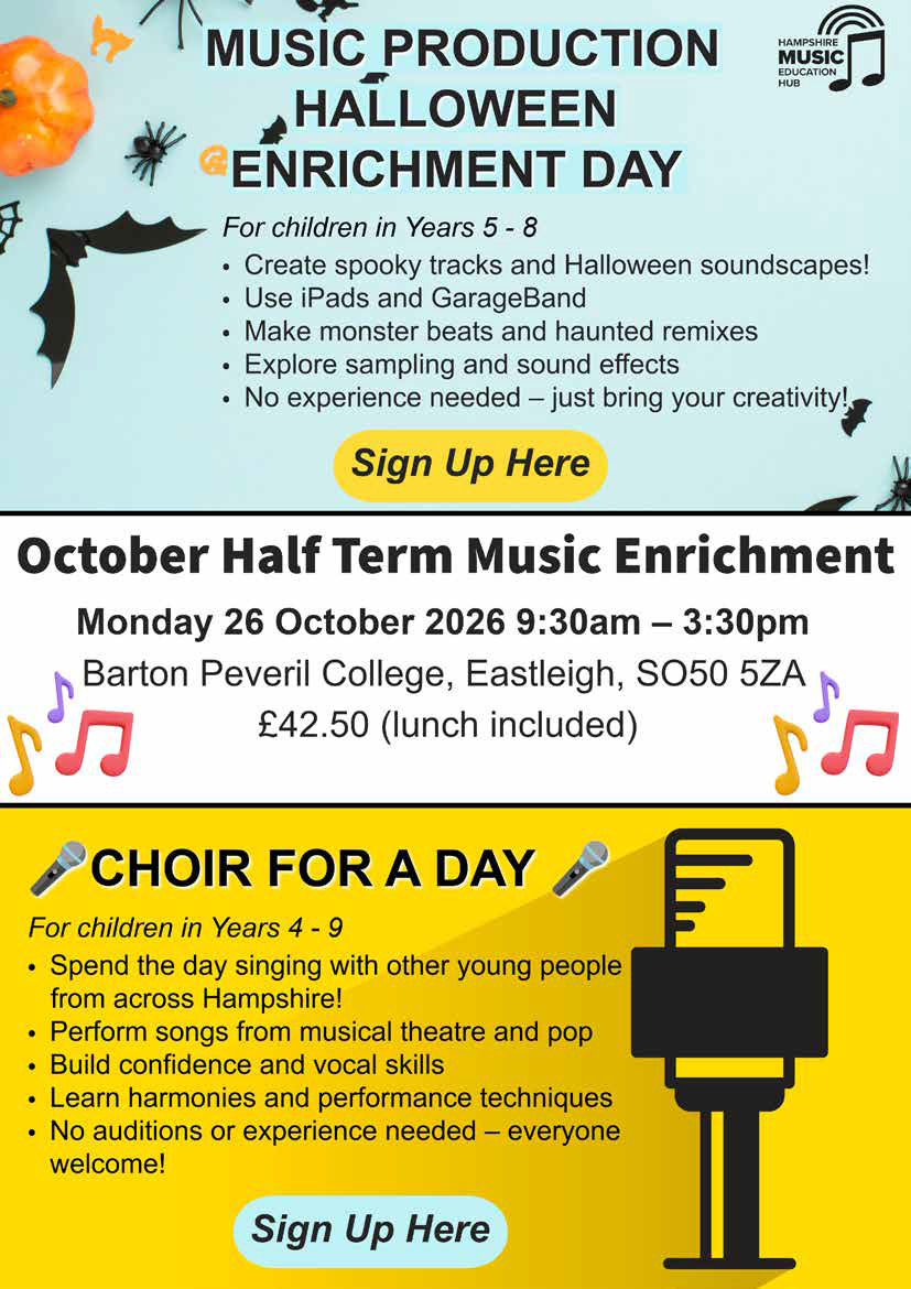 A poster for Hampshire Music Service October Half Term Music Enrichment taking place on Monday 26 October 2026 from 9:30am to 3:30pm at Barton Peveril College, advertising a Music Production Halloween Enrichment Day for Years 5 to 8 and Choir for a Day for Years 4 to 9.