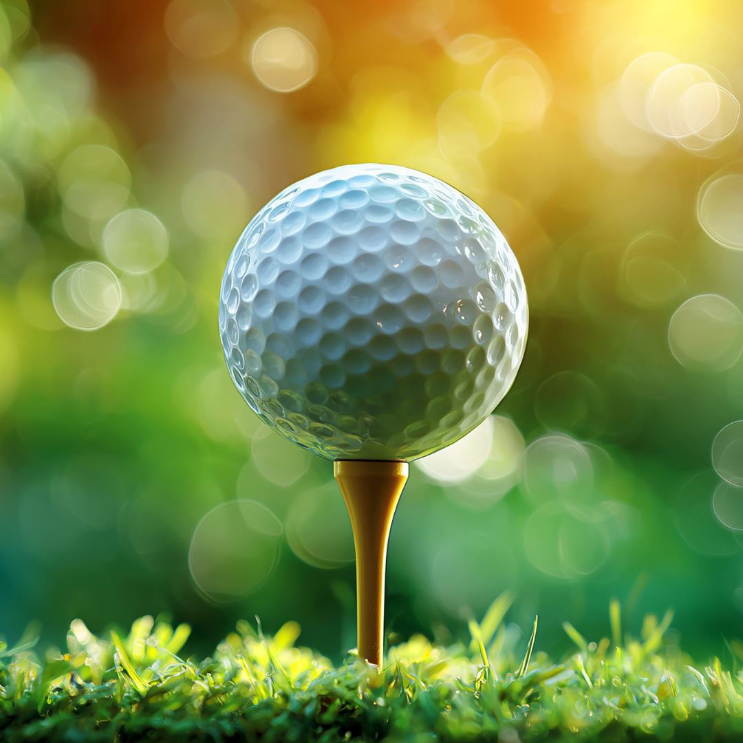 A close-up stock photograph of a white dimpled golf ball balanced on a wooden tee set against green grass, with a warm, sunlit bokeh background.