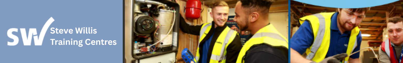 Steve Willis Training Centres logo on left; on right, people in safety vests work together on technical equipment in a workshop setting.