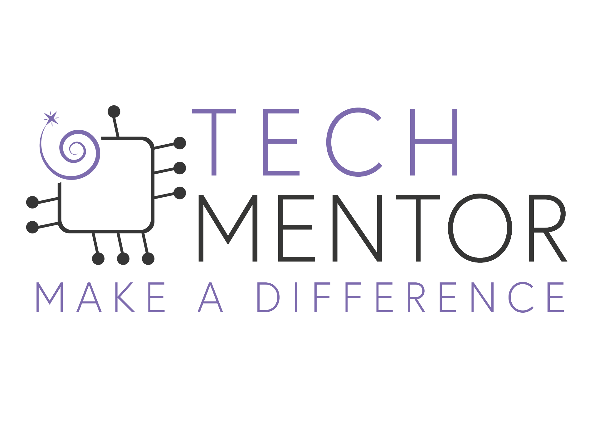 Dark graphic with “Tech Mentor Make a Difference” text and a stylised circuit board icon in purple and black.