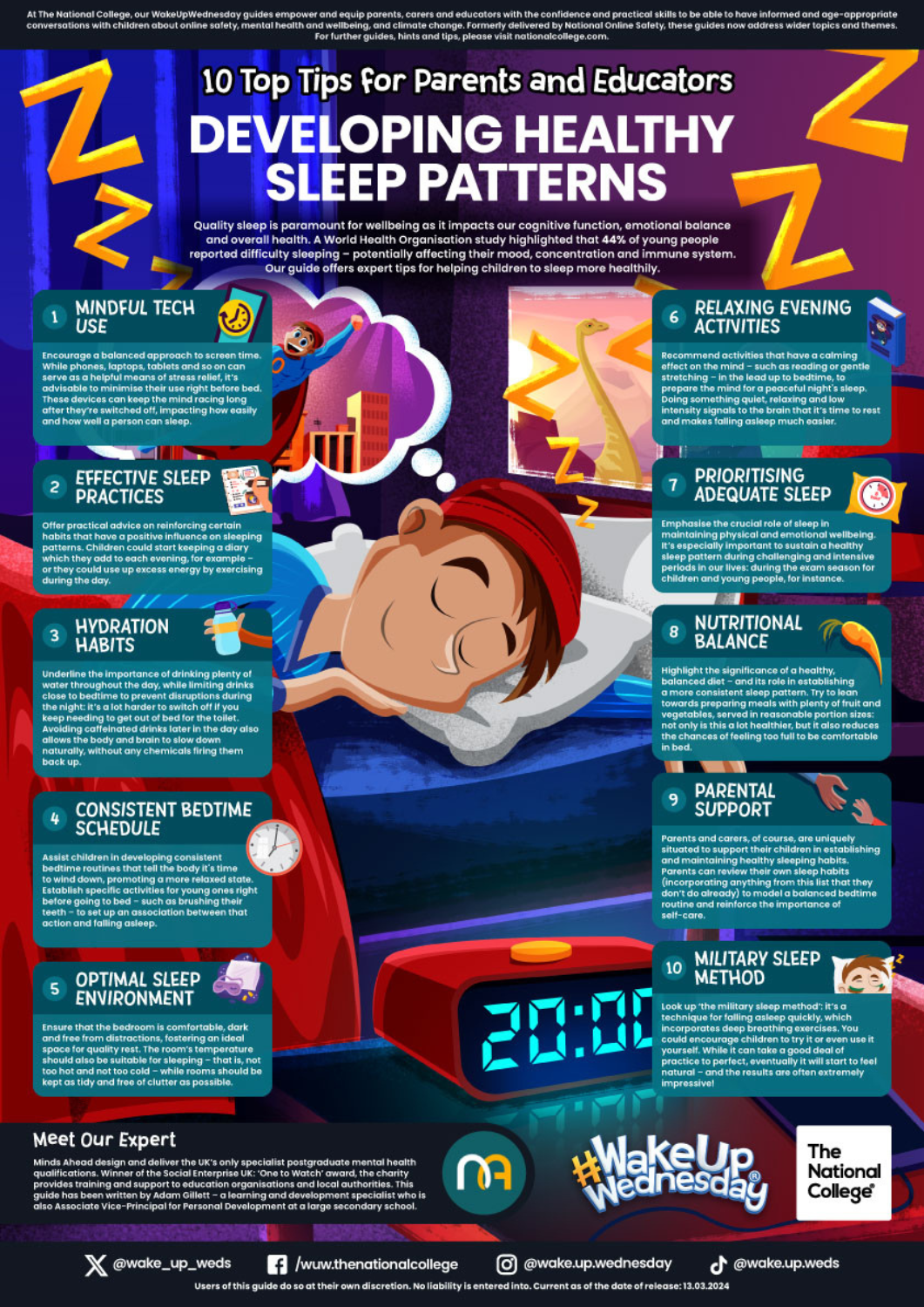 A National College "Wake Up Wednesday" informational poster titled "10 Top Tips for Parents and Educators Developing Healthy Sleep Patterns", featuring practical sleep advice, expert details for Adam Gillett, and sleep illustrations
