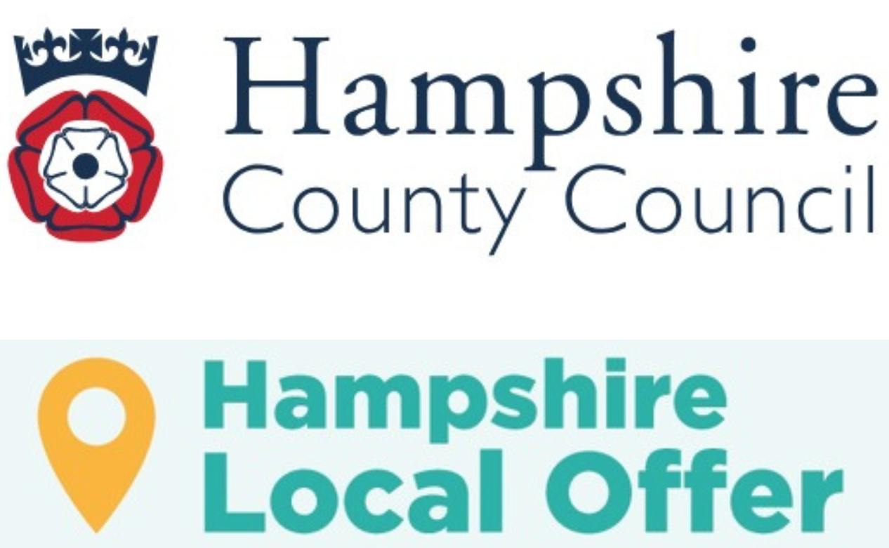 Hampshire County Council crest above Hampshire Local Offer logo with location pin icon and green text.