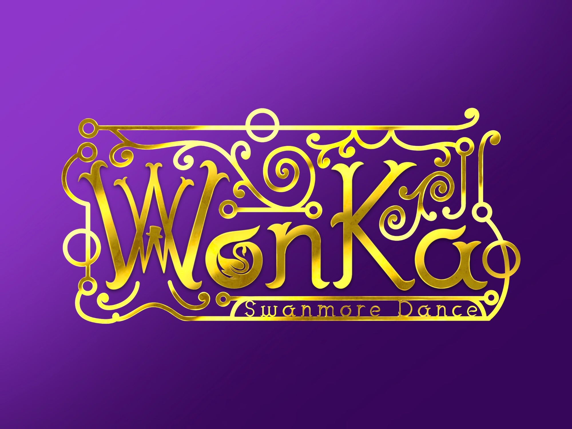 Image shows the gold WonKa Swanmore Dance logo on a purple background, featuring ornate decorative detailing and the words “WonKa Swanmore Dance” in stylised lettering.