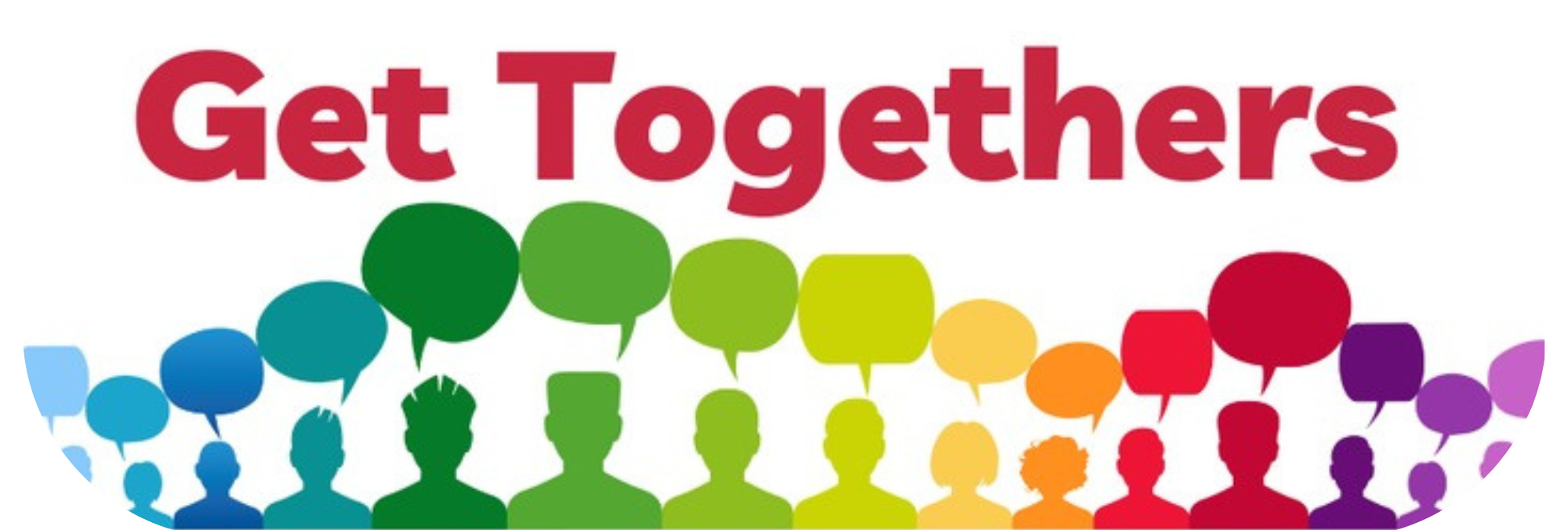 Colourful “Get Togethers” graphic with silhouettes of people and speech bubbles in a rainbow colour scheme.