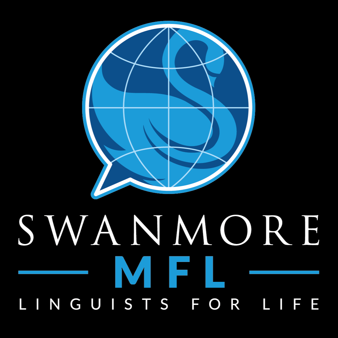 Blue Swanmore MFL logo featuring a stylised swan inside a globe speech bubble with the text “Swanmore MFL Linguists for Life”.