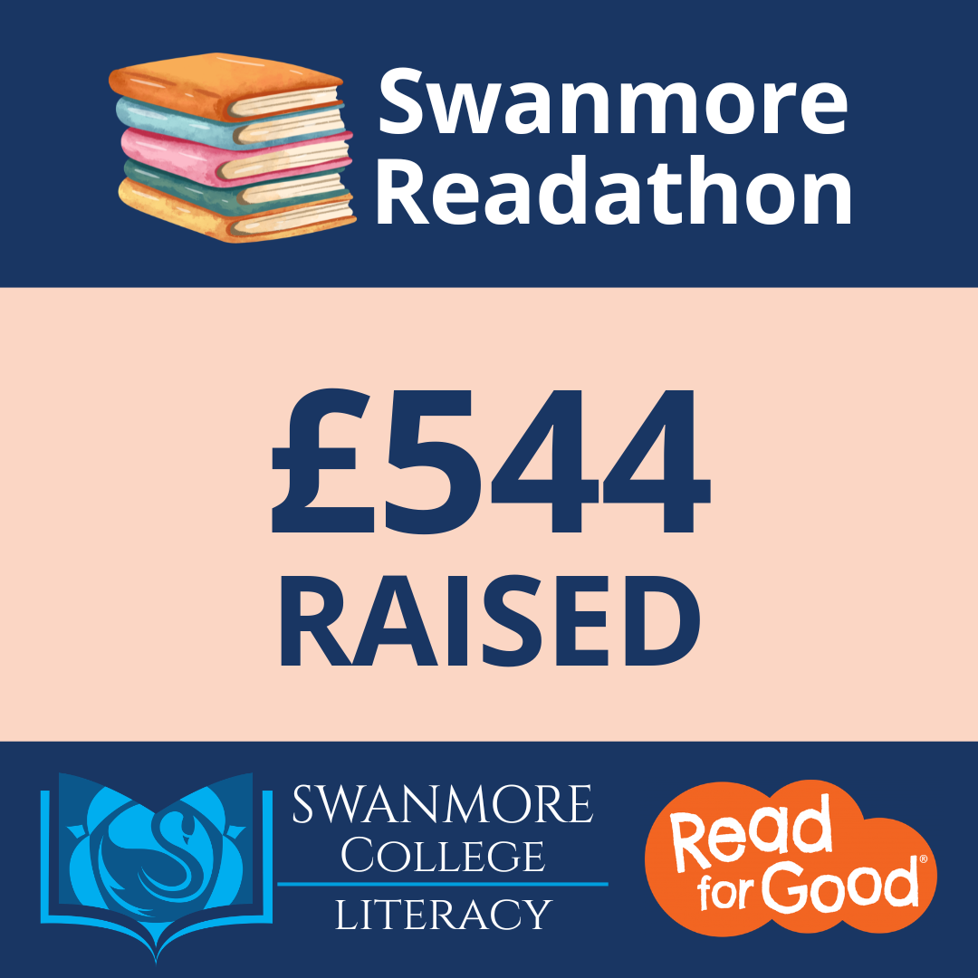 Graphic showing Swanmore Readathon total of £544 raised, with book illustration and Read for Good logo on a blue background.