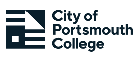City of Portsmouth College logo featuring stylised building icon and text in dark blue on a light background.