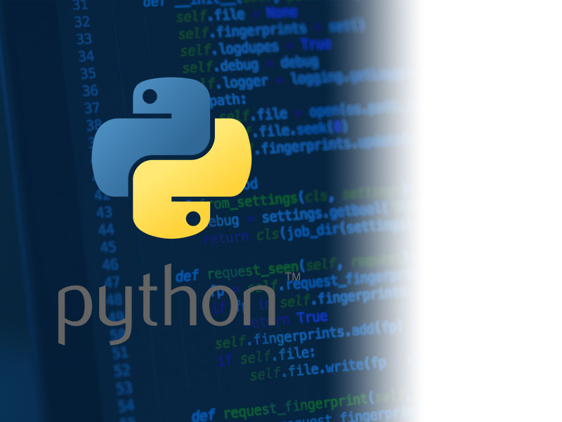 Image shows the python programming language logo against a background of a computer screen with code on it