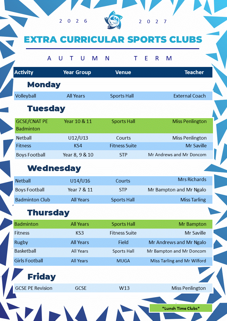 Image shows a table of the PE and sports clubs available. These are listed in the page above within the activities for each day.