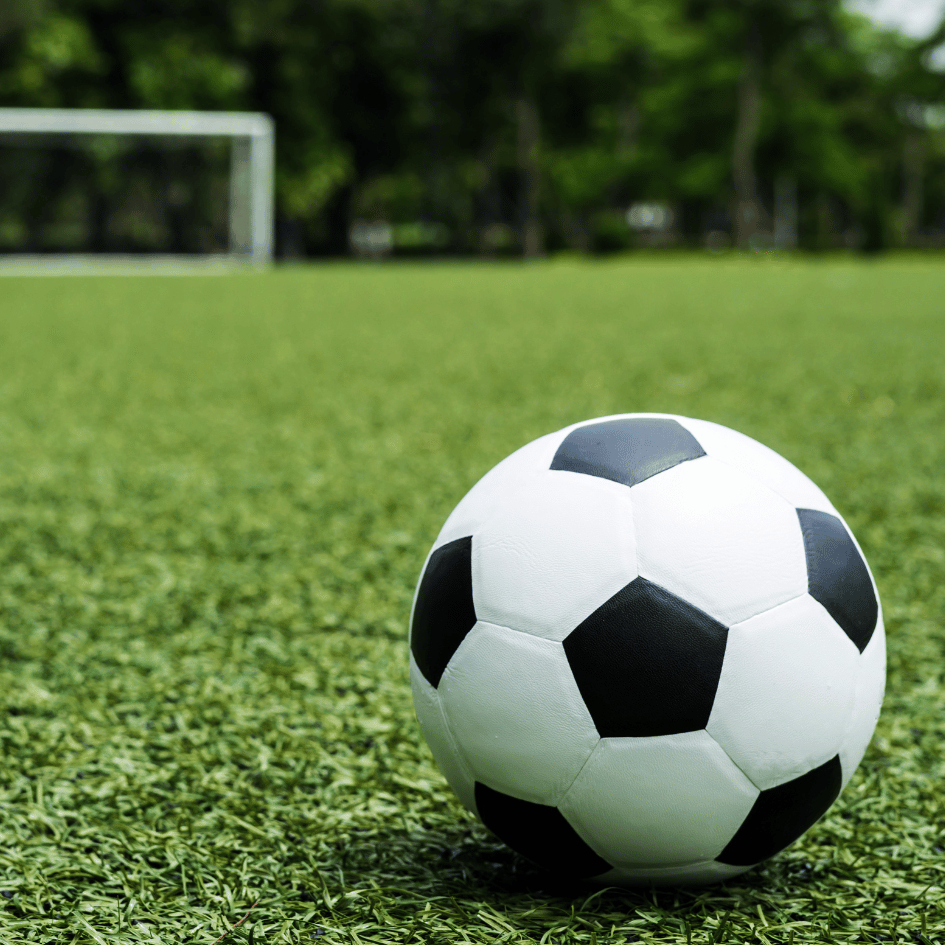 Image shows a football on Astro Turf, and goal post in the background against a row of trees.