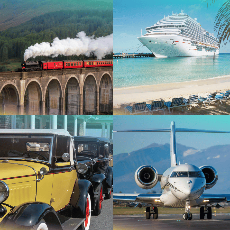Image shows 4 different forms of transport - a steam train pulling carriages crossing a viaduct, a line of early motor cars, a cruise ship near a white sandy beach, and a small passenger jet plane on the runway
