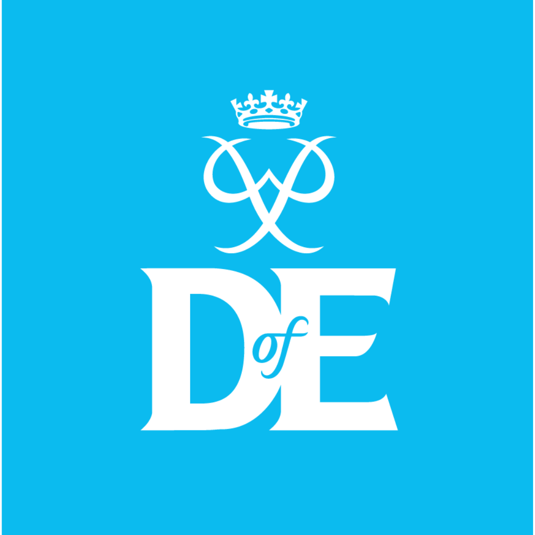 Image shows the D of E logo - a crown above 2 crossed sabres, and large D of E below, with a bright blue background
