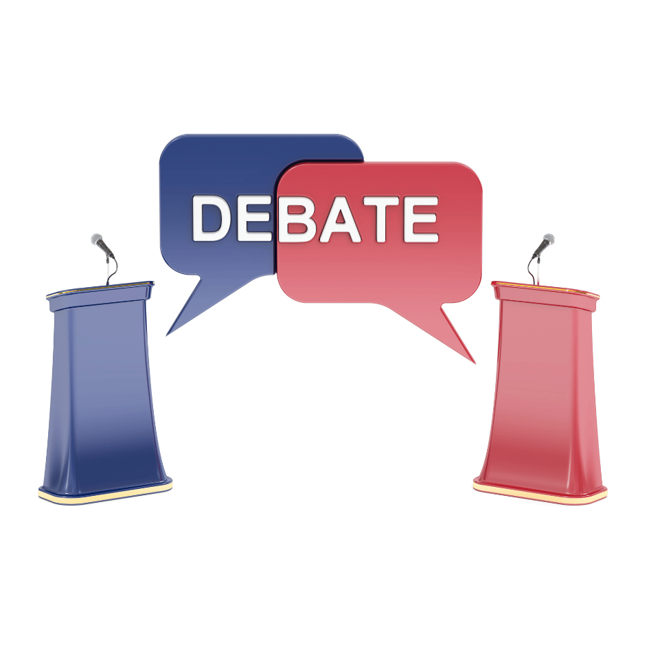 Image shows 2 lecturns - one red, one blue, with the word Debate going across 2 speech bubbles, one from each lecturn.