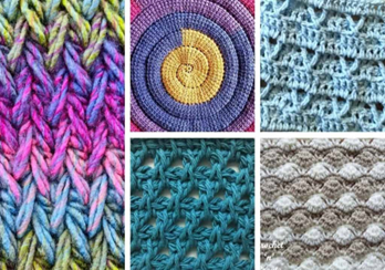 Image shows a variety of crochet stitches and patterns