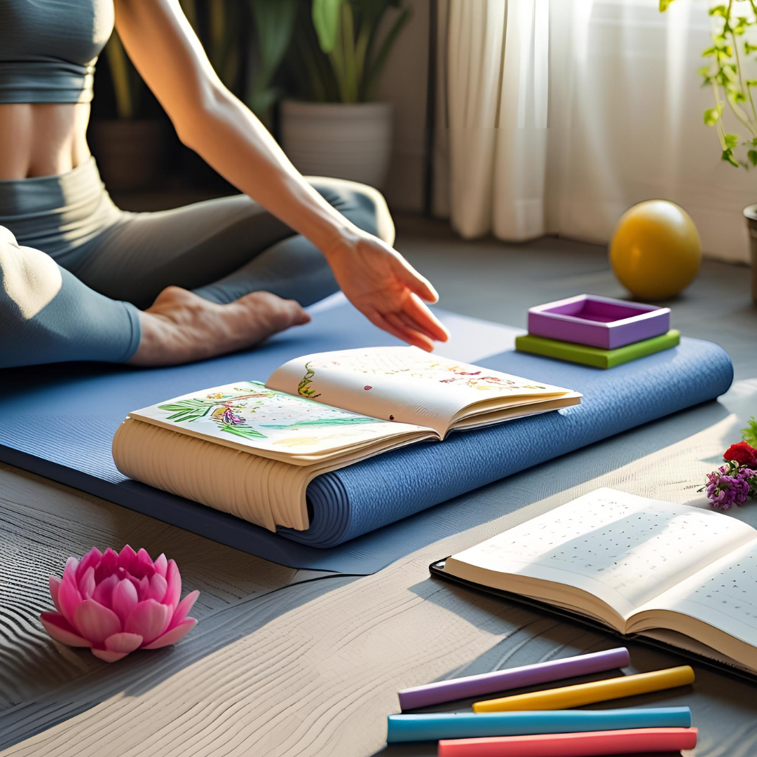 Image shows someone sitting in the lotus position on a mat looking at a colouring book with various other mindfulness equipment around them