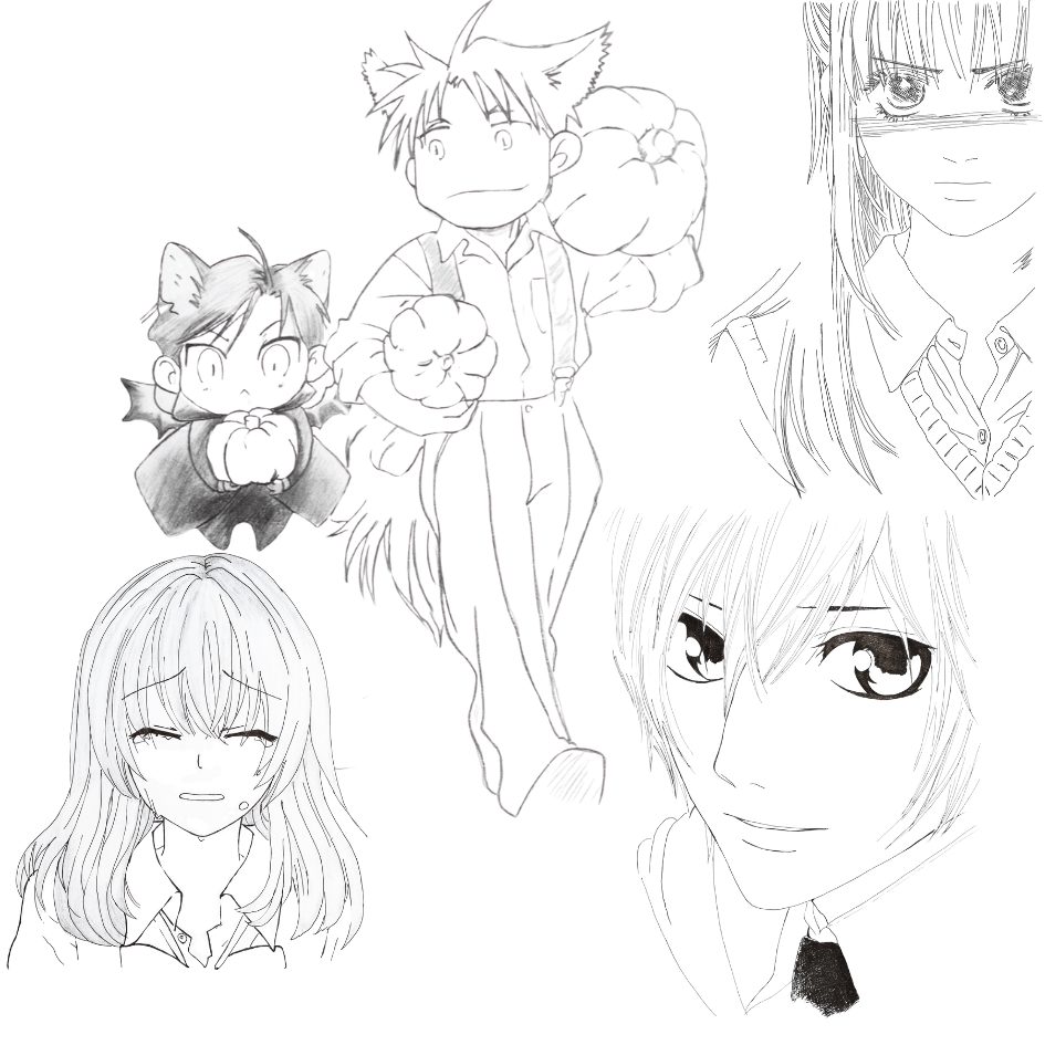 Image shows 4 different manga and anime style sketches
