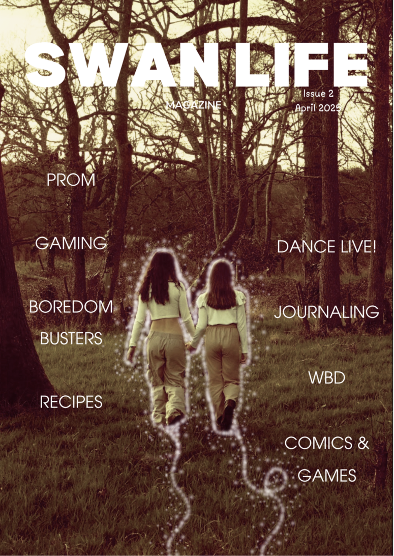 Image shows a front cover of the Swanlife magazine, with 2 girls walking towards the trees